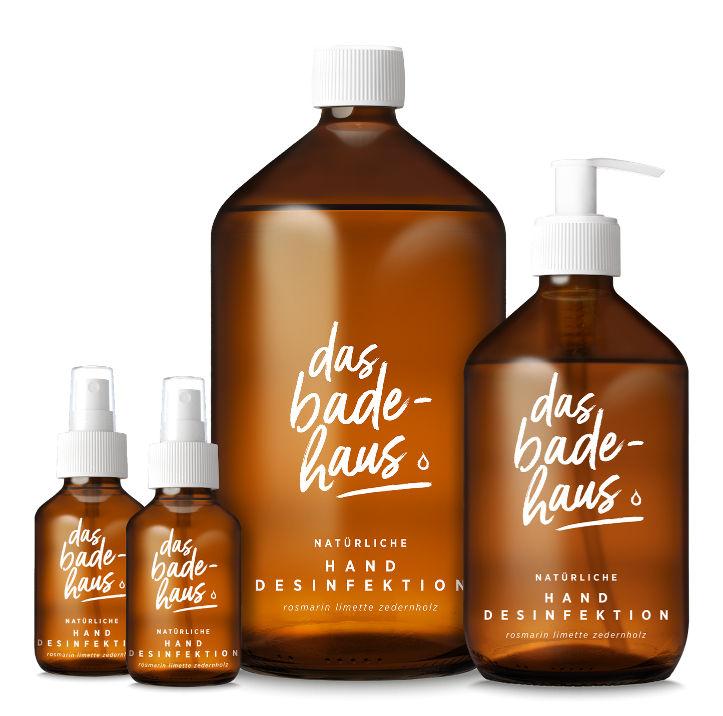 DAS BADEHAUS | Hygienische Handdesinfektion: rundum versorgt | Set aus Pumpspender mit 250 ml hygienischer Handdesinfektion, zwei 100-ml-Flaschen mit Sprühkopf und die 1-Liter-Flasche zum Nachfüllen