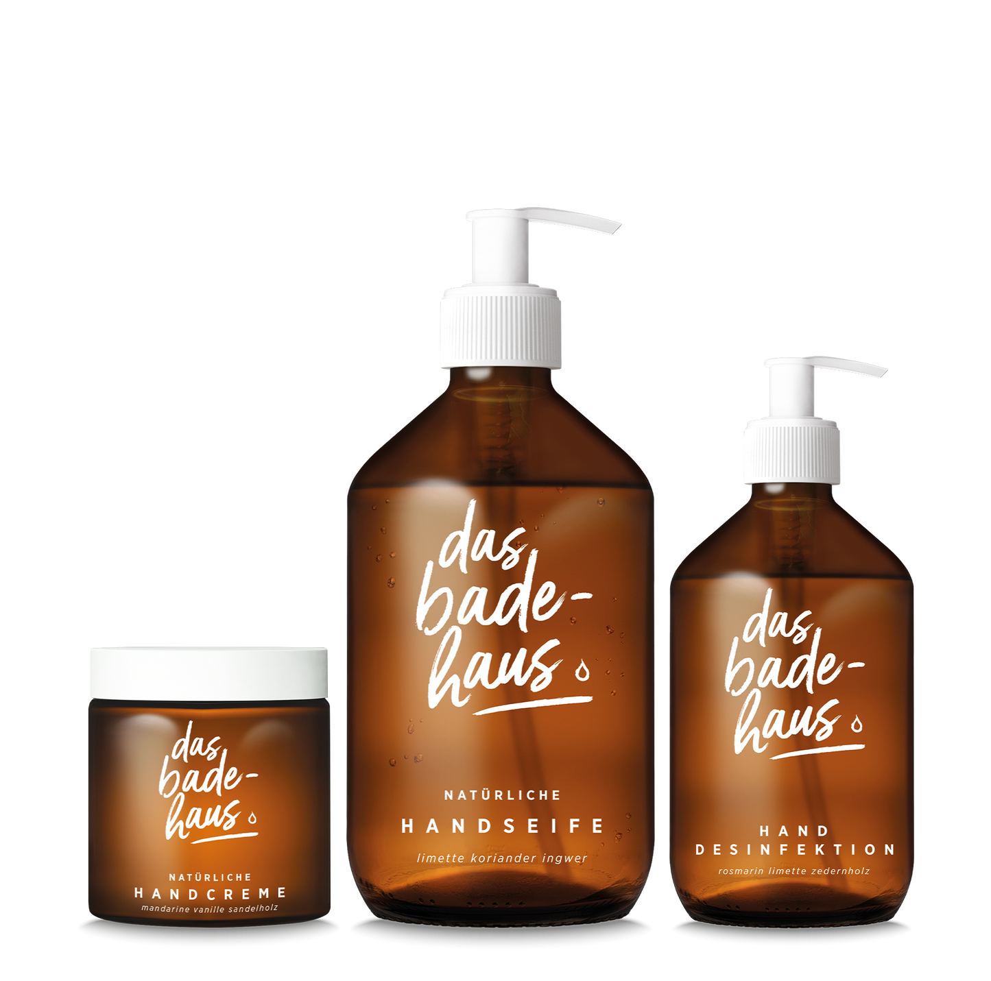 DAS BADEHAUS | Natürliches Trio für die Hände | Set aus natürlicher Handcreme im Glastiegel (120 ml), natürlicher Handseife (500 ml) und hygienischer Handdesinfektion (250 ml)