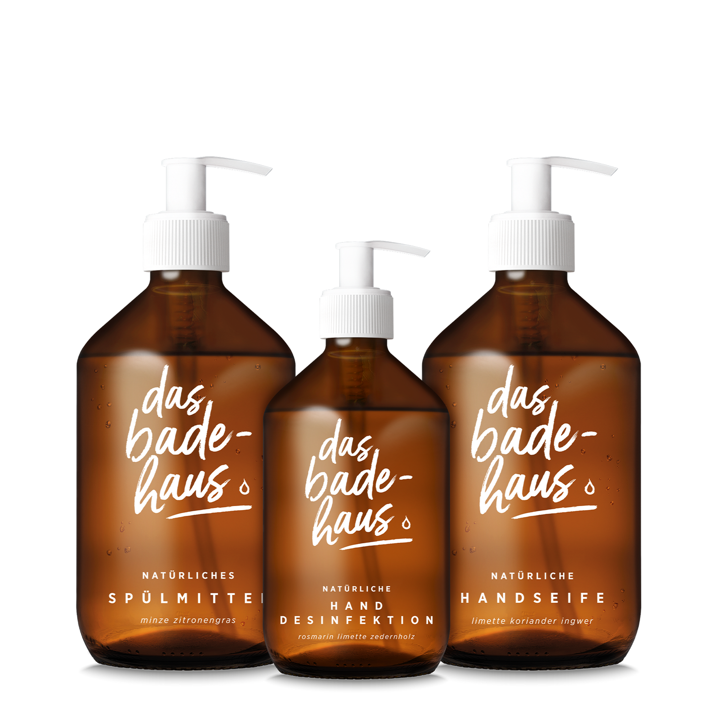 DAS BADEHAUS | Natürliches Trio für Küche und Bad | Set aus natürlicher Handseife (500 ml), natürlichem Spülmittel (500 ml) und hygienischer Handdesinfektion (250 ml)