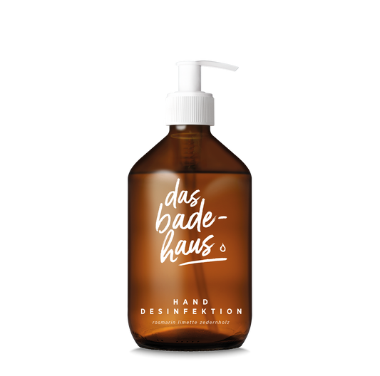 DAS BADEHAUS | Hygienische Handdesinfektion | 250 ml oder 500 ml | Glasflasche mit Pumpspender