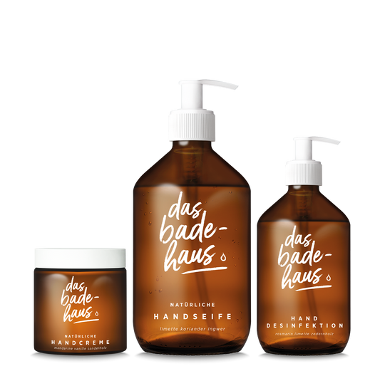DAS BADEHAUS | Natürliches Trio für die Hände | Set aus natürlicher Handcreme im Glastiegel (120 ml), natürlicher Handseife (500 ml) und hygienischer Handdesinfektion (250 ml)